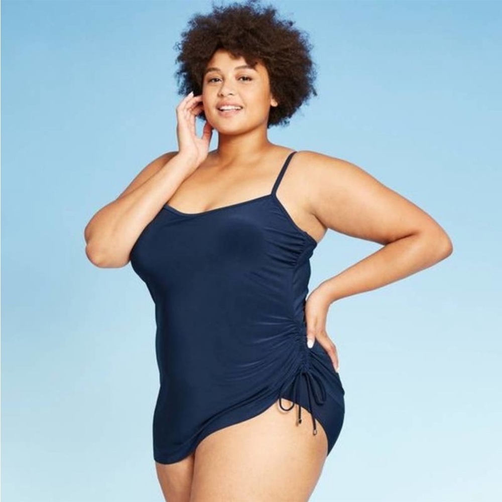 Aqua Green Navy Side-Tie UPF 50+ One Piece Swim Dress Swimwear Size 18W NWT